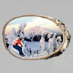 Krkonoše - snowboardista červený - magnet bříza