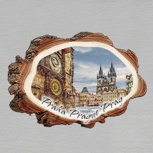 Praha - Týnský chrám a orloj - magnet kůra malá