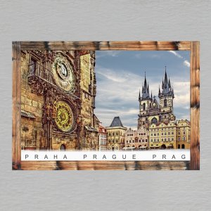 Praha - Týnský chrám a orloj - magnet C6 rám