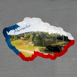 Harrachov - můstky - magnet mapa rám vlajka