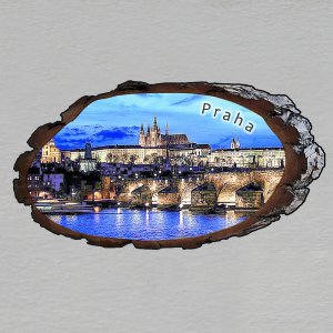 Praha - Hradčany s Vltavou noc - magnet kůra ovál