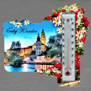 Český Krumlov - Panorama - magnet s teploměrem - obdélník s květy - červené