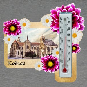 Košice - magnet s teploměrem - obdélník s květy - růžovo-bílé