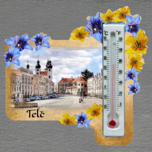 Telč - magnet s teploměrem - obdélník s květy - žluto-modré