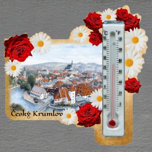 Český Krumlov - magnet s teploměrem - obdélník s květy - červeno-bílý