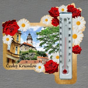 Český Krumlov - magnet s teploměrem - obdélník s květy - červeno-bílý