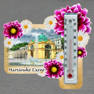 Mariánské Lázně - magnet s teploměrem - obdélník s květy - růřžovo-bílé