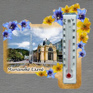 Mariánské Lázně - magnet s teploměrem - obdélník s květy - žluto-moré