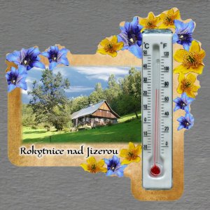 Rokytnice nad Jizerou - magnet s teploměrem - obdélník s květy - žluto-modrý