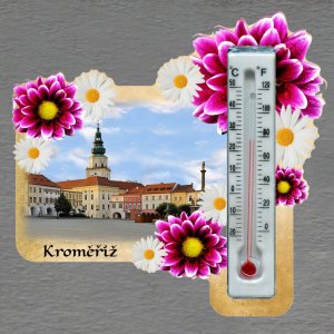 Kroměříž - magnet s teploměrem - obdélník s květy - růžovo-bílý