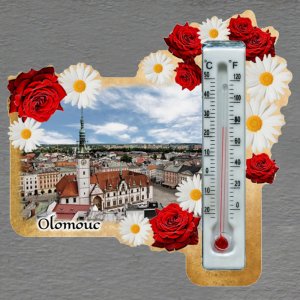 Olomouc - magnet s teploměrem - obdélník s květy - červeno-bílé