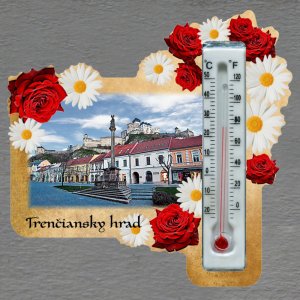 Trenčiansky hrad - magnet s teploměrem - obdélník s květy - červeno-bílé