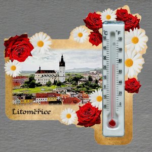 Litoměřice - magnet s teploměrem - obdélník s květy - červeno-bílé