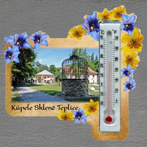 Sklené Teplice - Kúpele - magnet s teploměrem - obdélník s květy - žluto-modré