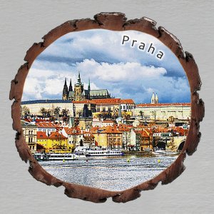 Praha - Hradčany s Vltavou den - magnet kůra kulatý