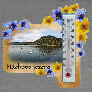 Máchovo jezero - magnet s teploměrem - obdélník s květy - žluto-modré