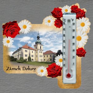 Doksy - Zámek - magnet s teploměrem - obdélník s květy - červeno-bílé