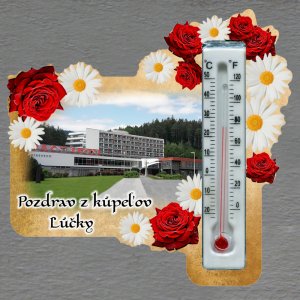 Lúčky - Pozdrav z Kúpelov Lúčky - magnet s teploměrem - obdélník s květy - červeno-bílé