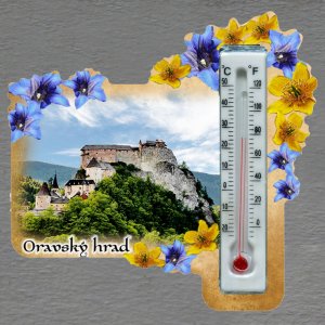 Oravský hrad - magnet s teploměrem - obdélník s květy - žluto-modré