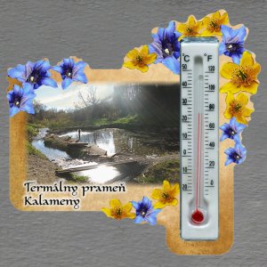 Termálny prameň Kalameny - magnet s teploměrem - obdélník s květy - žluto-modré