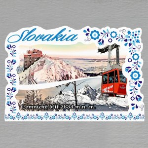 Lomnický štít - lanovka - magnet C6 rám Slovakia výšivka dvojitý - koláž