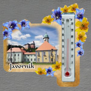 Javorník - magnet s teploměrem - obdélník s květy žluto-modré