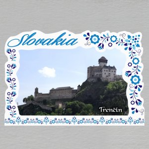 Trenčín - magnet C6 rám Slovakia výšivka modrá dvojitý - hrad