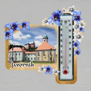 Javorník - magnet s teploměrem - obdelník s květy - bílo-modré