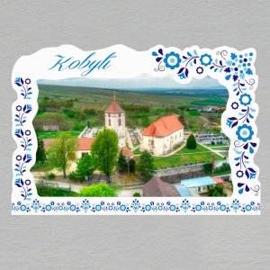 Kobylí - kostel - magnet C6 rám výšivka modrá - JEDNODUCHÝ