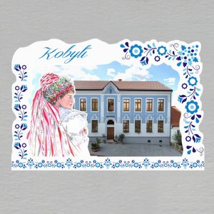 Kobylí - muzeum a dívka v kroji - magnet C6 rám výšivka modrá dvojitý