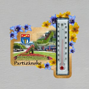 Partizánske - magnet s teploměrem - obdélník s květy - žluto-modré