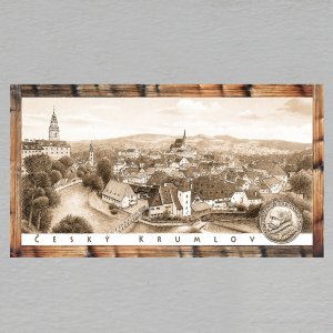 Český Krumlov - Panorama + pečeť - magnet DL rám - sépie